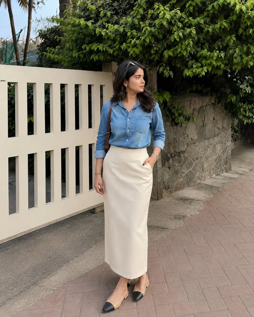 Woman wearing a blue denim button-up shirt with a cream column skirt and slingback flats.