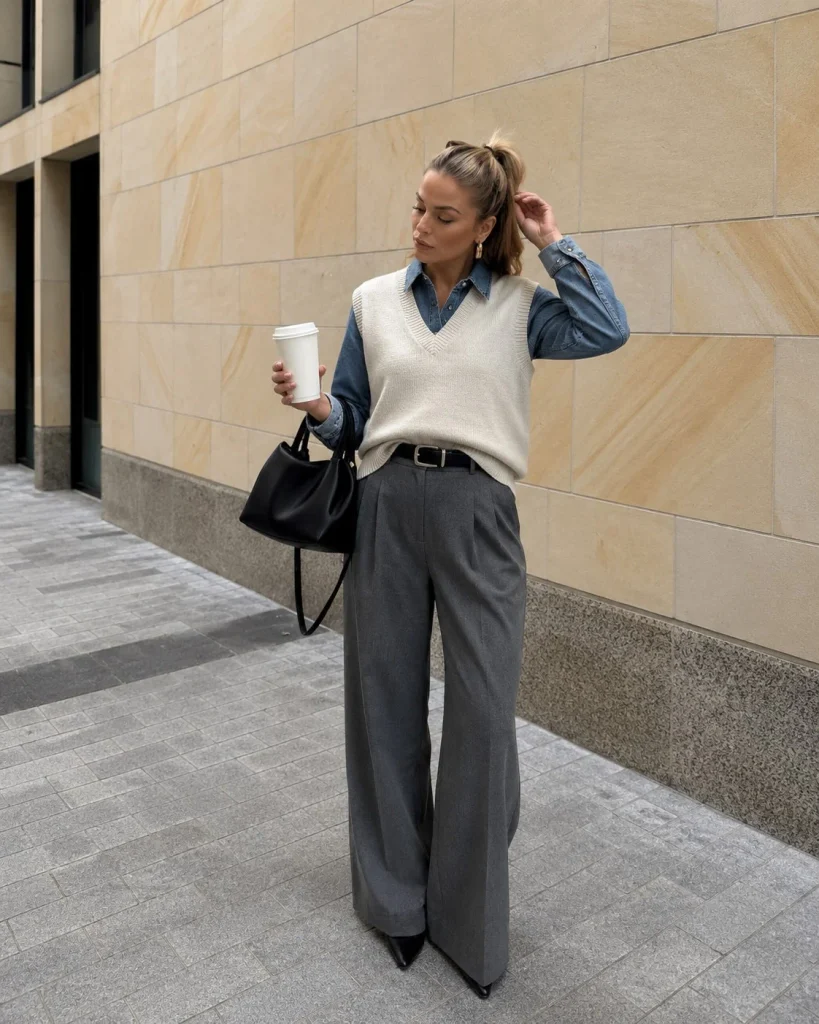 Woman wearing a blue denim button-up shirt with a cream knit vest and gray trousers.