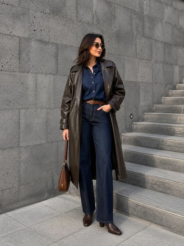 Woman wearing a blue denim button-up shirt with dark straight-leg jeans and a leather trench coat.