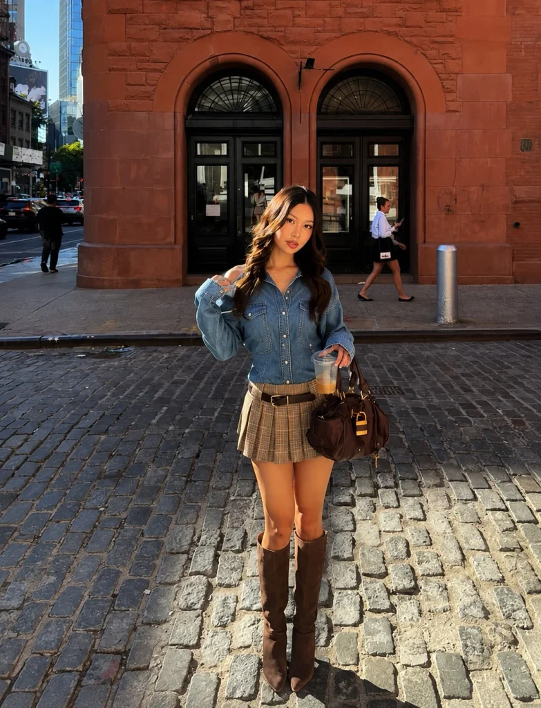 Woman wearing a blue denim button-up shirt with a black mini skirt and tall black boots.
