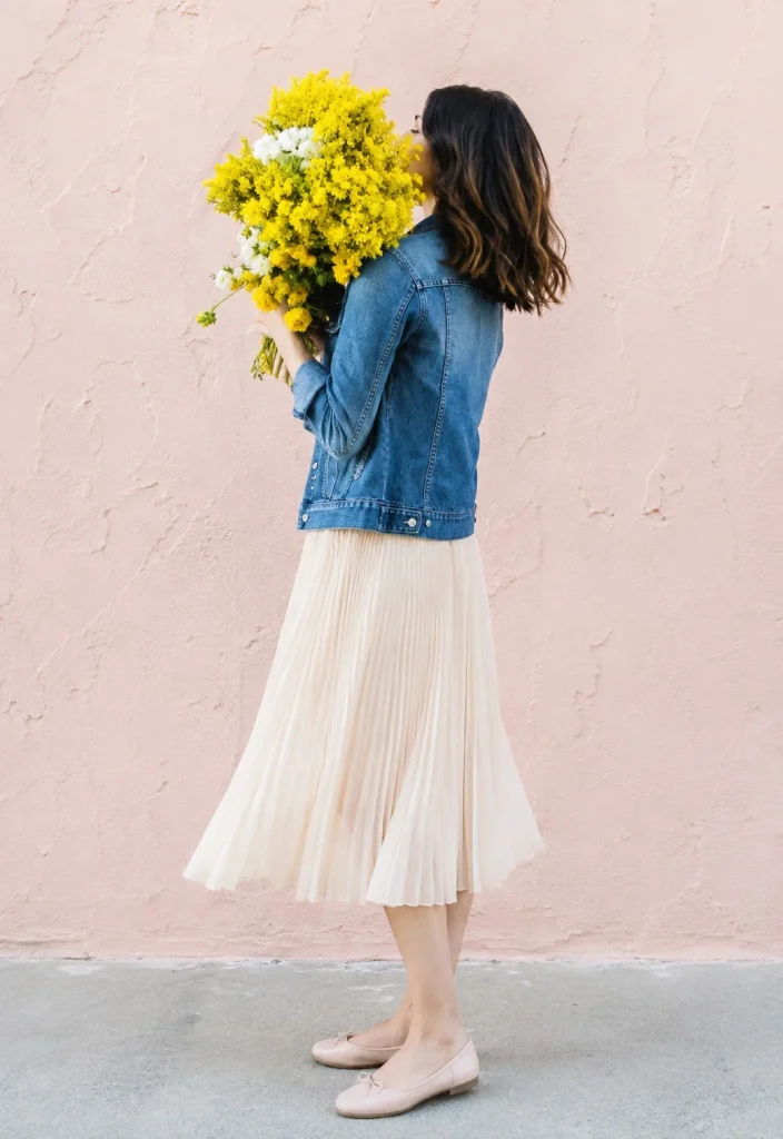 Woman wearing a blue denim button-up shirt with a pleated midi skirt and ballet flats.