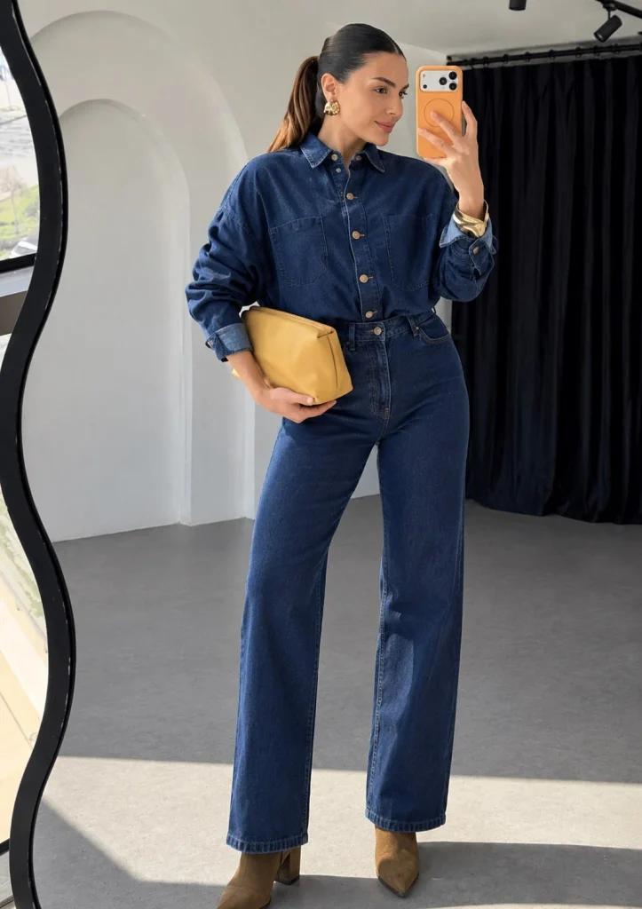 Woman wearing a blue denim button-up shirt with jeans and brown suede boots.