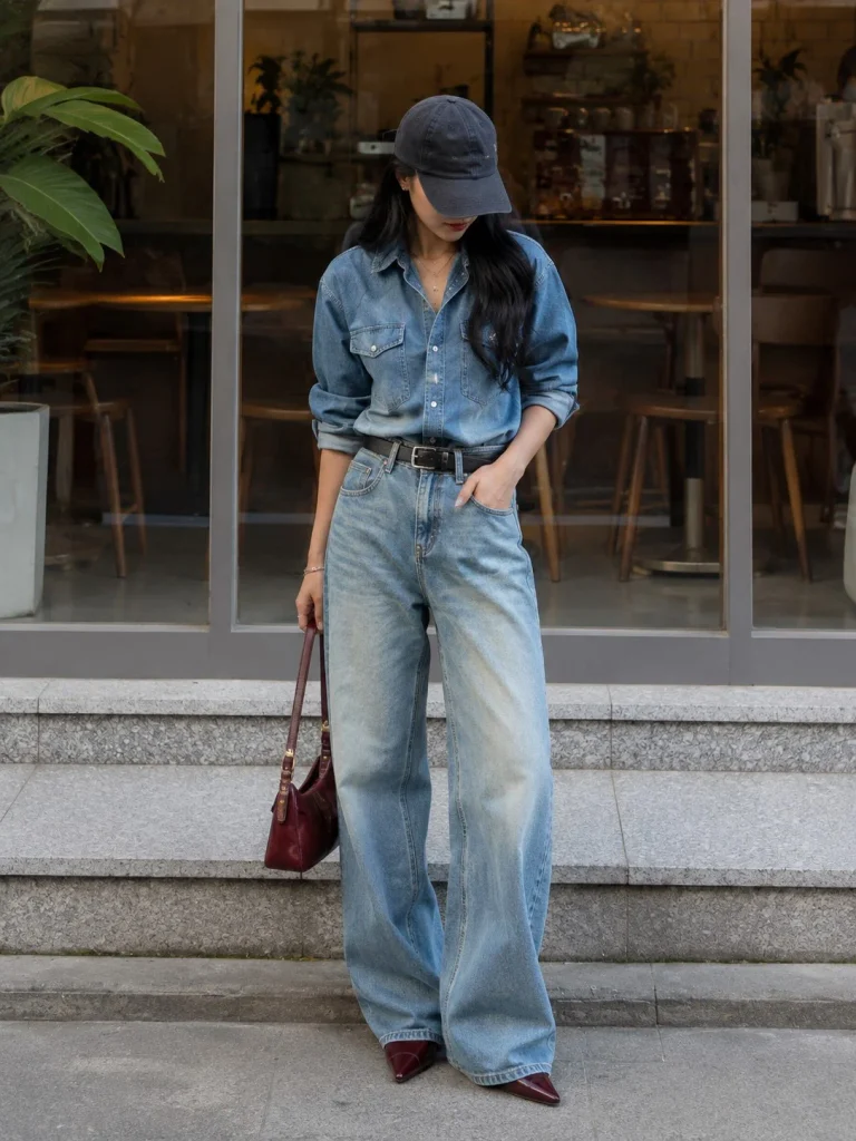 Woman wearing a blue denim button-up shirt with vintage-wash jeans and a deep-red accent.