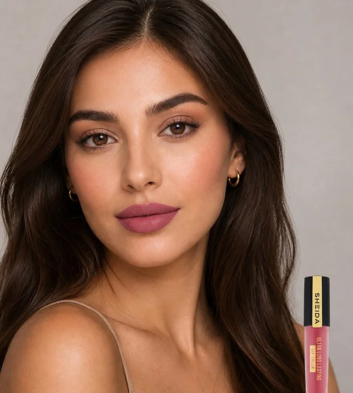 Dusty rose lipstick adding soft feminine color to a fair complexion.