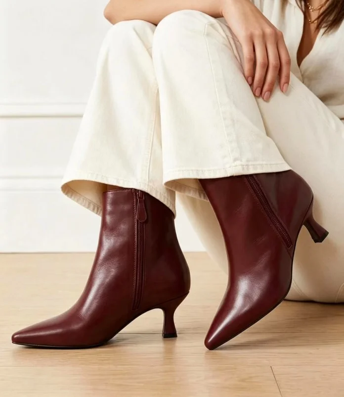 Wide leg jeans worn with heeled ankle boots for winter.