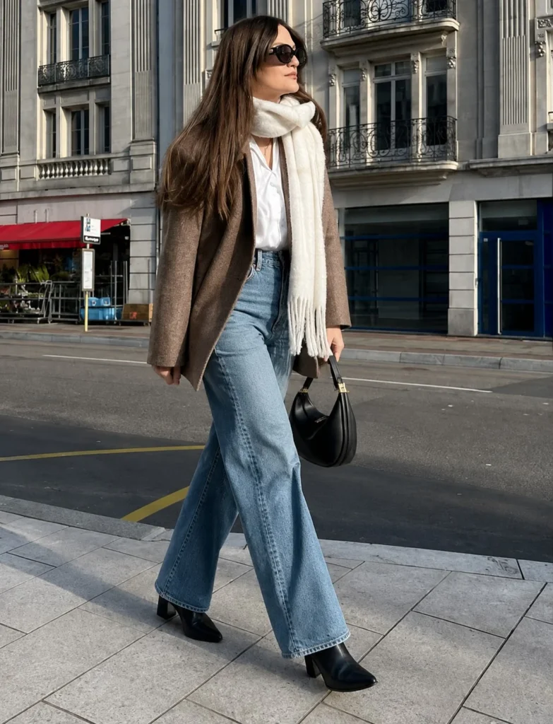 Wide leg jeans worn over knee-high boots for a winter outfit.