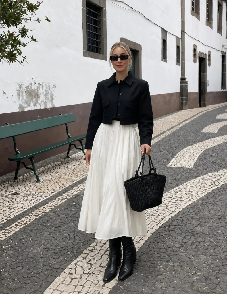 Woman wearing long black boots with a long flowing skirt, fitted sweater, and cropped jacket.