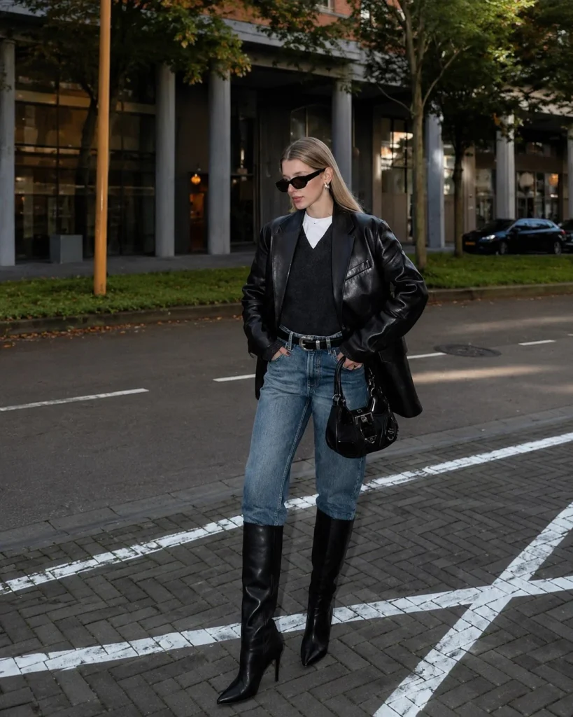 Woman wearing long black boots with straight-leg dark jeans, a light sweater, and a black blazer.