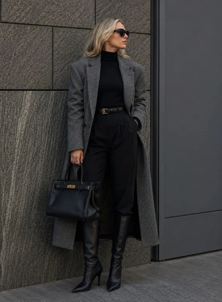 Woman wearing long black boots with tailored trousers, a black turtleneck, and a camel coat.