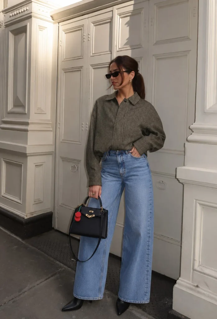 Woman wearing long black boots with wide-leg jeans, a fitted knit top, and a short jacket.