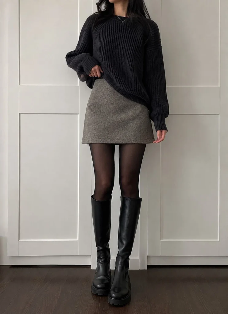 Woman wearing a wool mini skirt, black tights, a chunky sweater, and long black boots