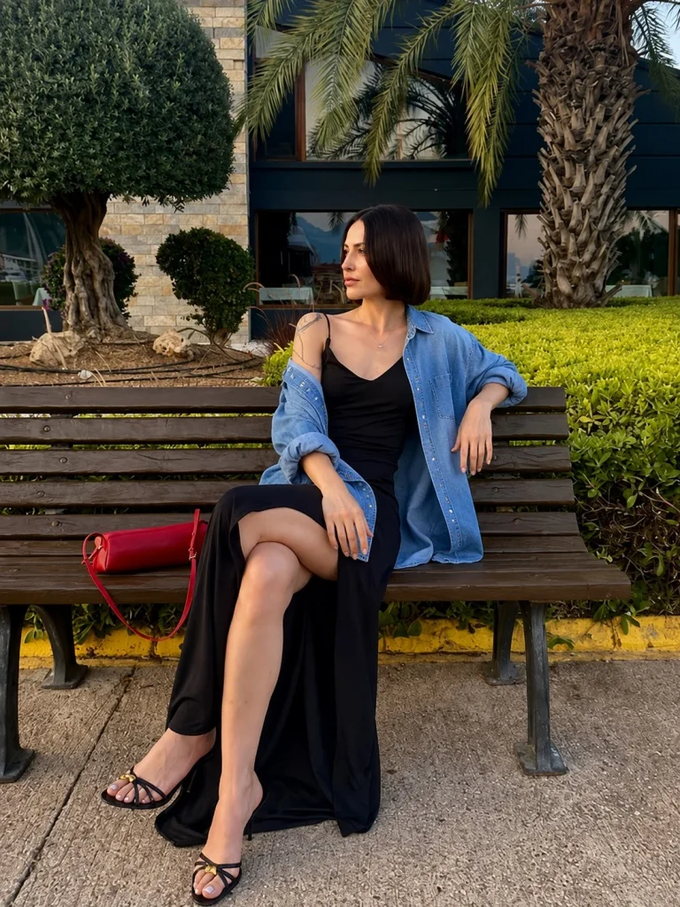 Woman wearing an oversized blue denim shirt over a black slip dress.
