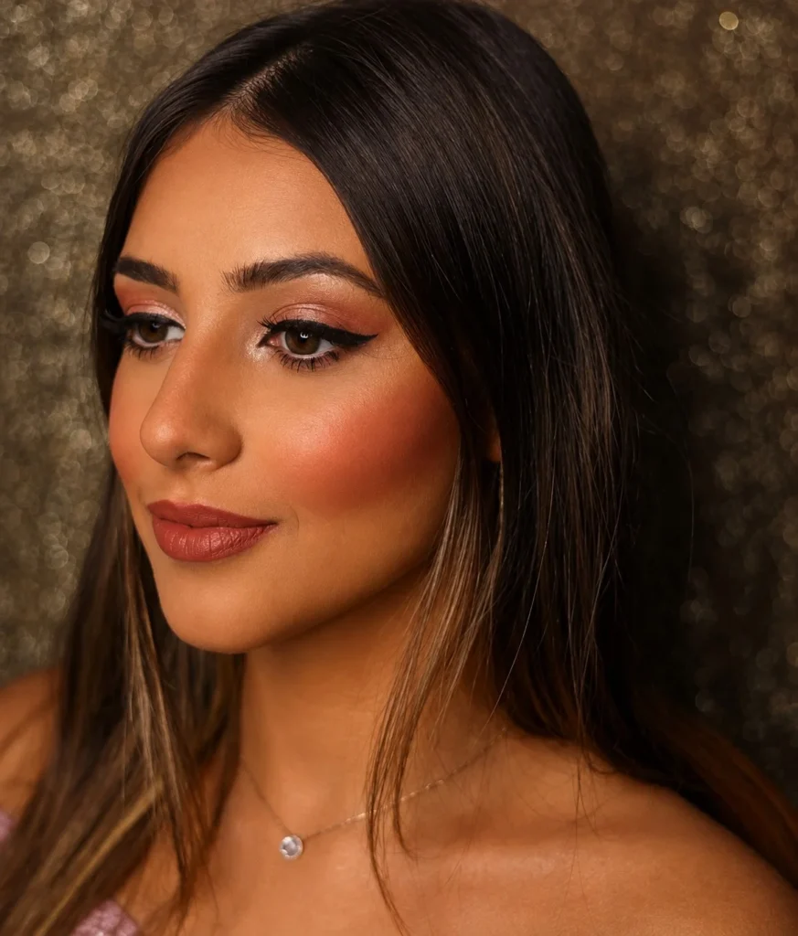 Rich brick blush creating bold warm definition on deep olive skin