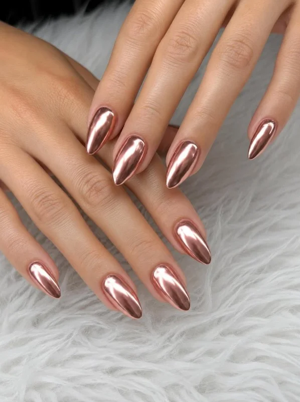 Rose gold nail varnish on pale skin with a subtle metallic finish and soft reflective glow.