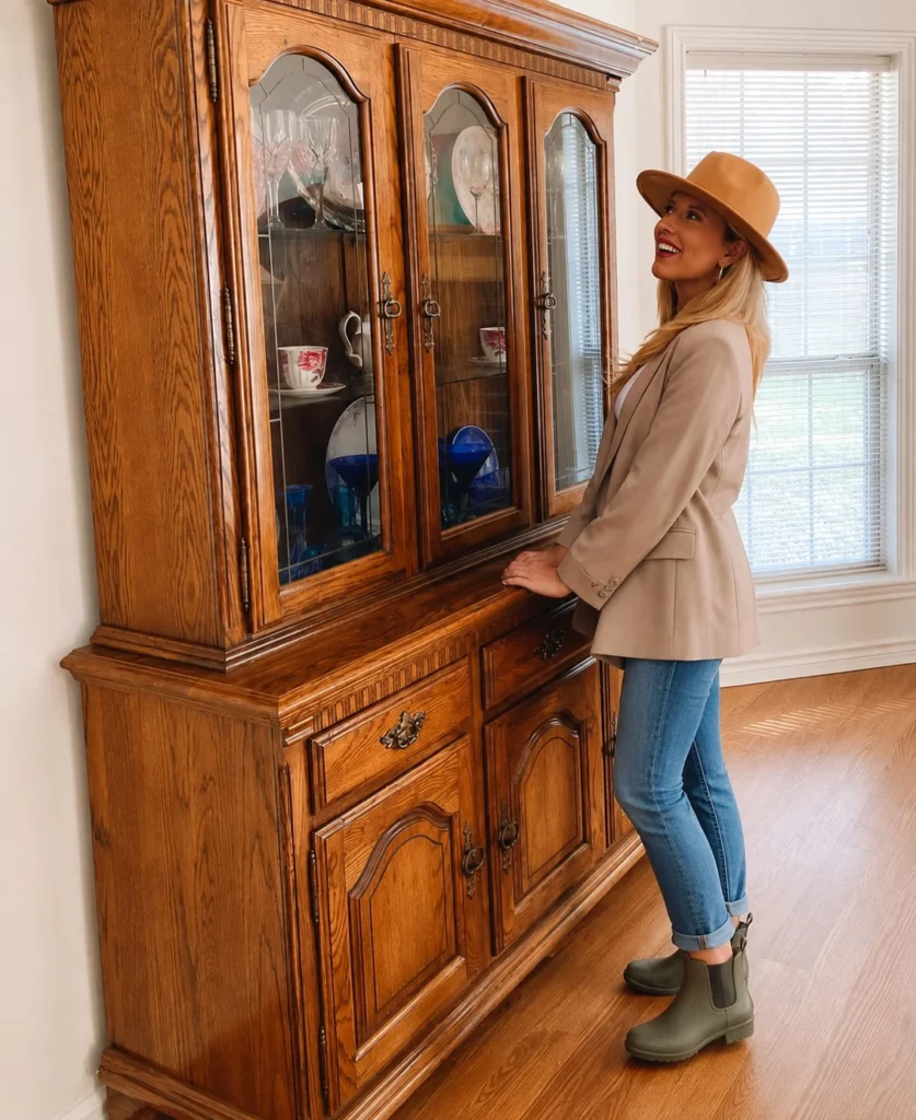 Woman wearing short rain boots with straight-leg jeans, a simple knit top, and a relaxed blazer.