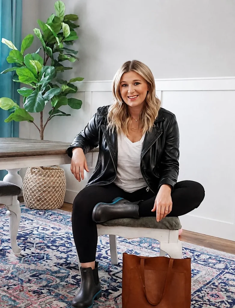 Woman wearing short black rain boots with dark jeans, a cream knit sweater, and a leather jacket.