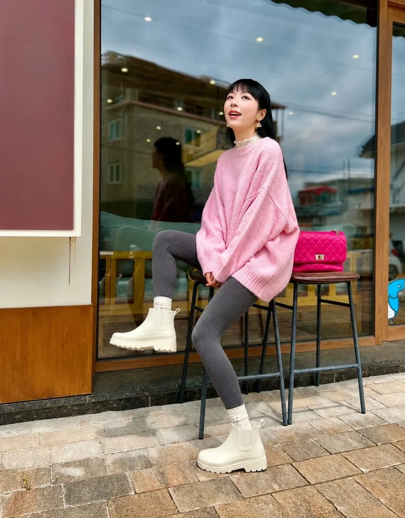 Woman wearing short black rain boots with black leggings, an oversized cream sweater, and a long coat.