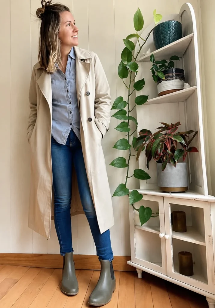 Woman wearing short rain boots with dark straight-leg jeans, a fine-knit sweater, and a long coat.