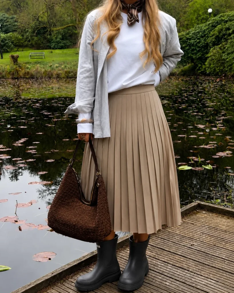 Woman wearing short rain boots with a pleated midi skirt and a fitted cream sweater.