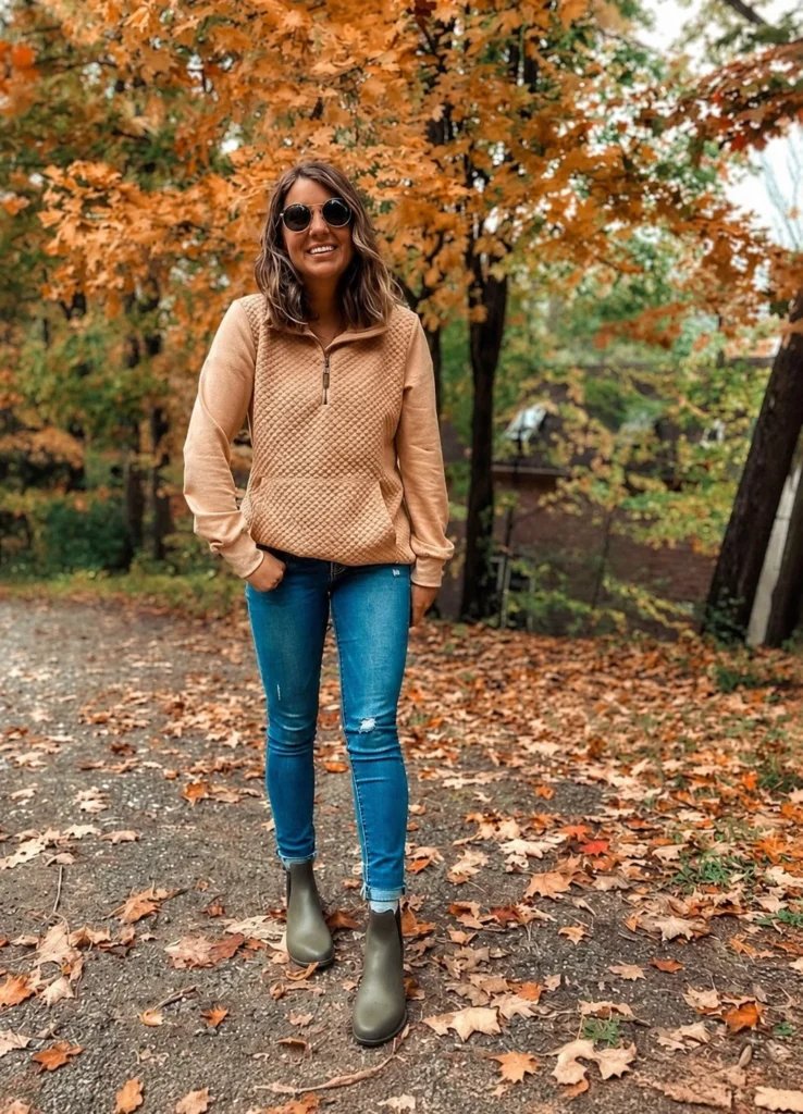 Woman wearing short rain boots with straight-leg jeans, a simple knit sweater, and a quilted jacket.