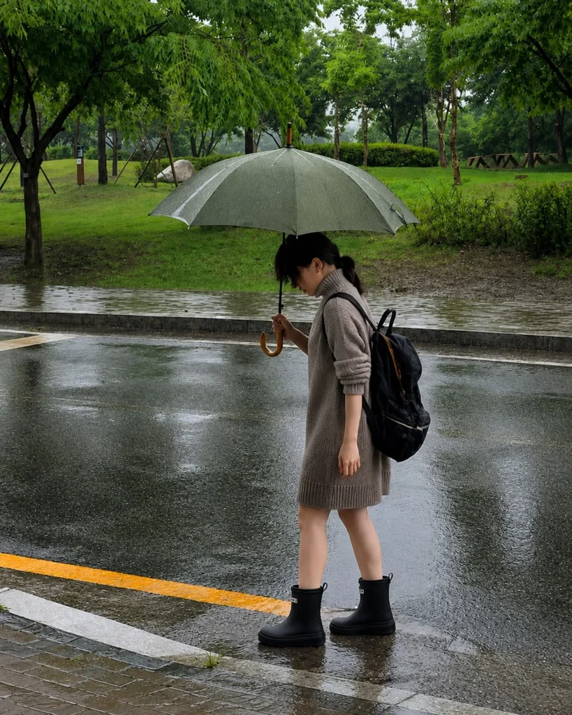 Woman wearing short rain boots with a sweater dress, tights, and a long coat.