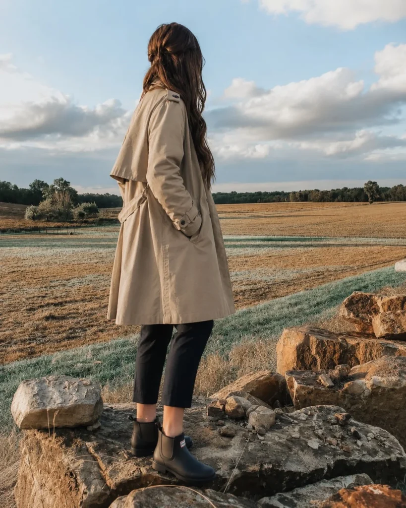 Woman wearing short rain boots with cropped tailored trousers, a fine-knit sweater, and a trench coat.