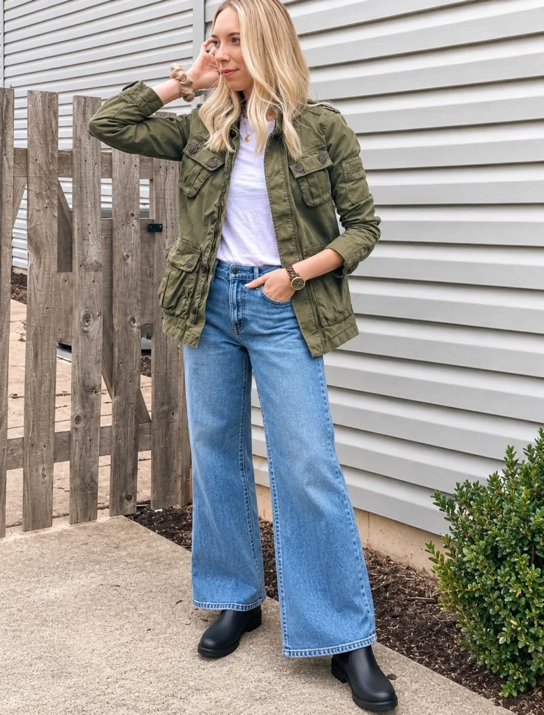 Woman wearing short rain boots with wide-leg blue jeans, a fitted sweater, and a short jacket.