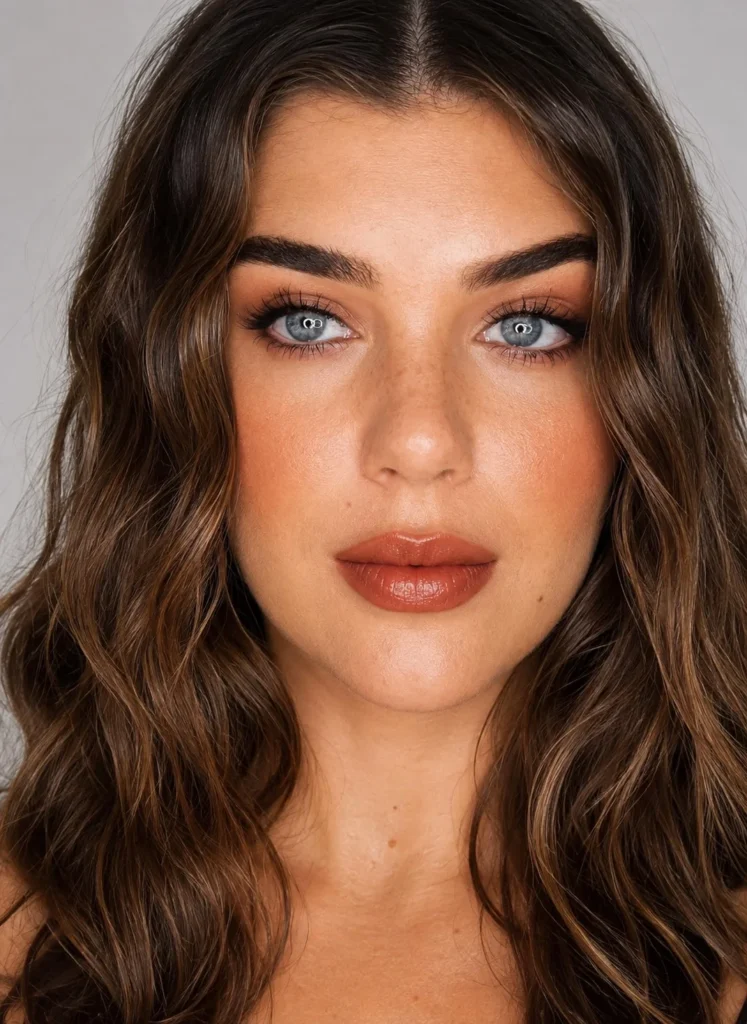 Terracotta brick lipstick adding warm earthy color to fair skin.