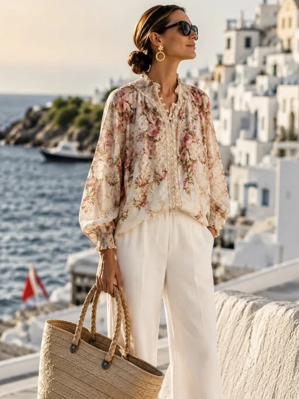 Woman wearing white jeans with a floral blouse and ballet flats for a feminine spring-inspired outfit.