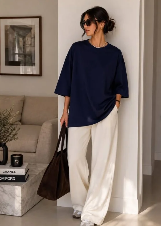 Woman wearing white jeans with a simple fitted T-shirt, leather belt, and structured handbag for an effortless everyday look.