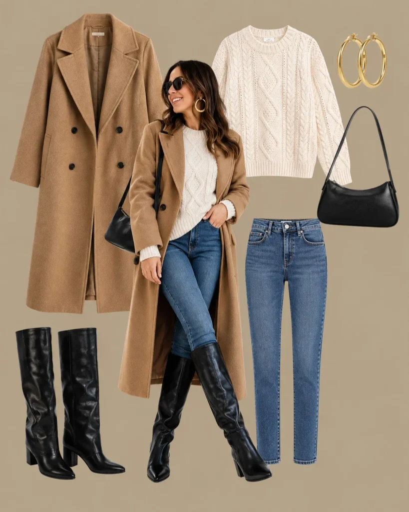 Woman wearing skinny jeans, a knit sweater, and black foldover boots