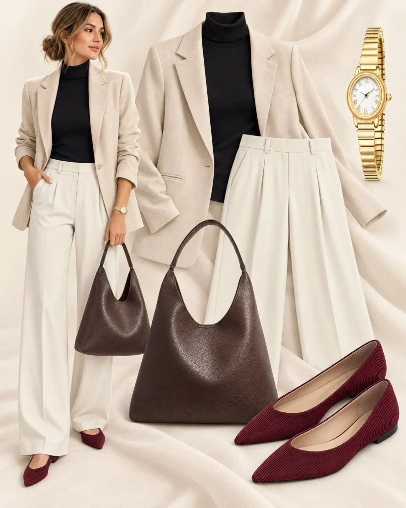 Beige blazer with black turtleneck, cream trousers, and pointed flats