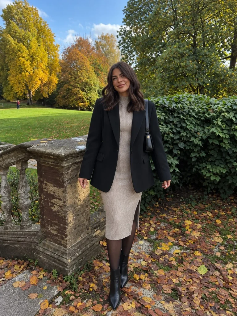 Black blazer with knit midi dress, sheer tights, and heeled ankle boots