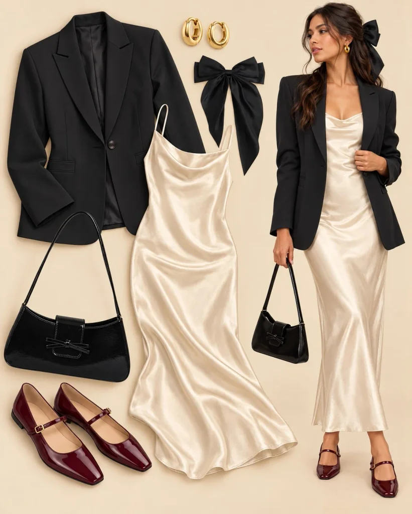 Black blazer with satin slip dress and Mary Jane shoes