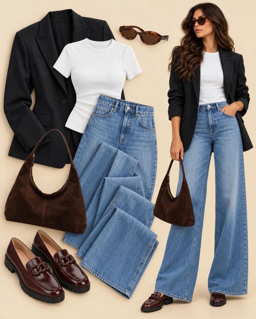 Black blazer with white T-shirt, straight-leg jeans, and loafers