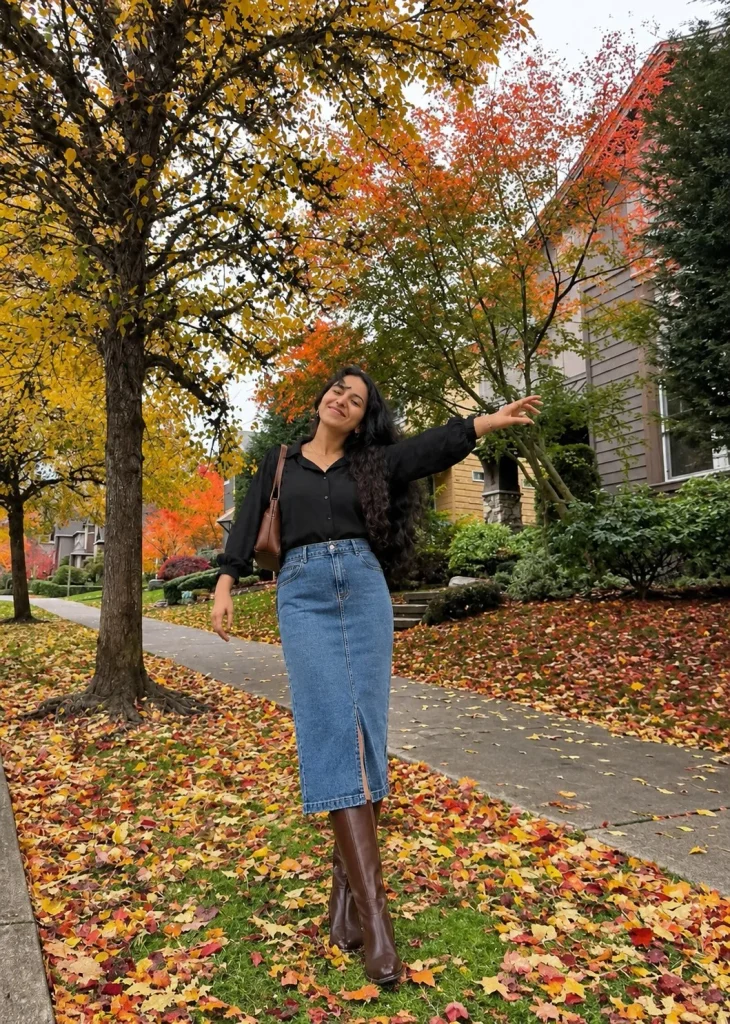 Black blouse with a denim midi skirt and riding boots for fall