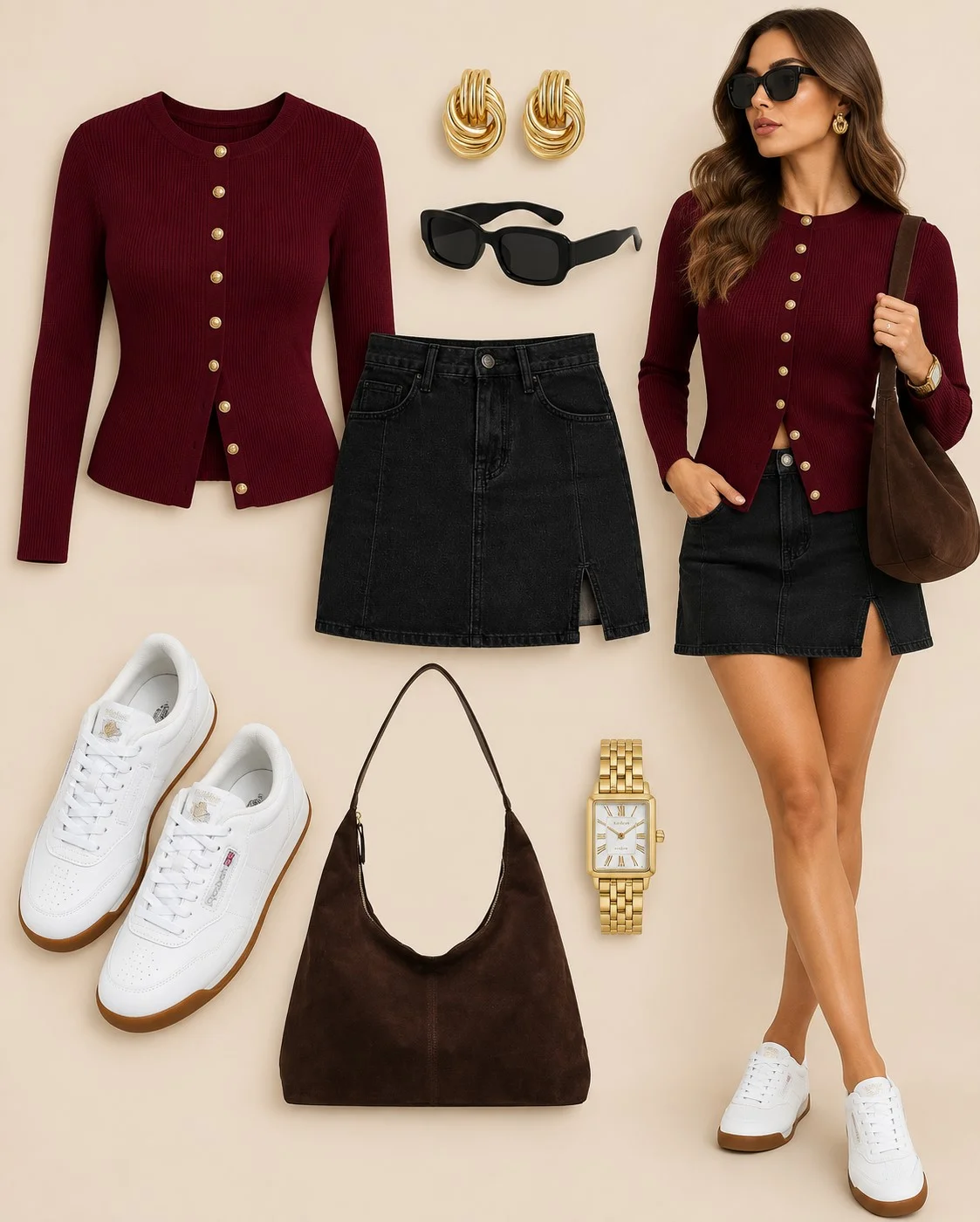 Black denim mini skirt with cardigan and sneakers