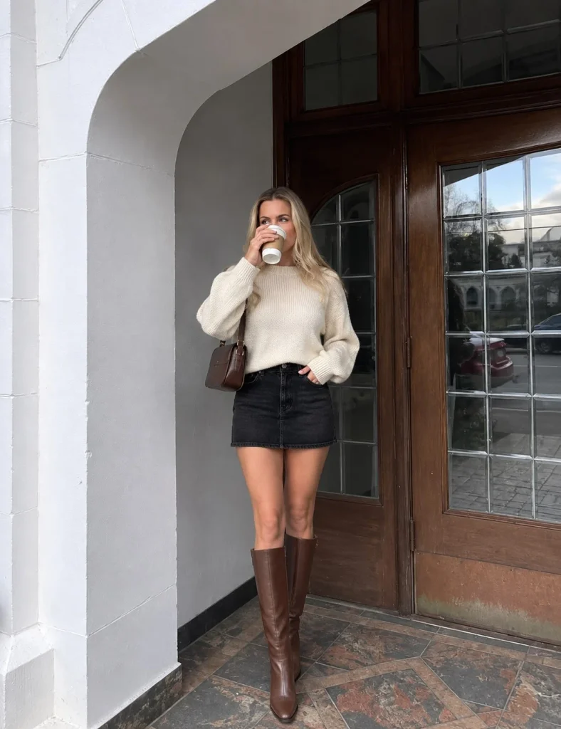 Black denim mini skirt with cream sweater and brown knee-high boots