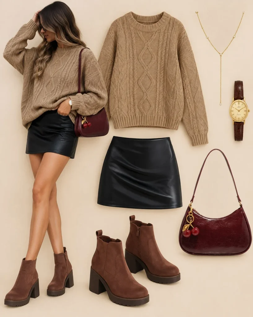 Black faux-leather mini skirt with chunky knit and Chelsea boots