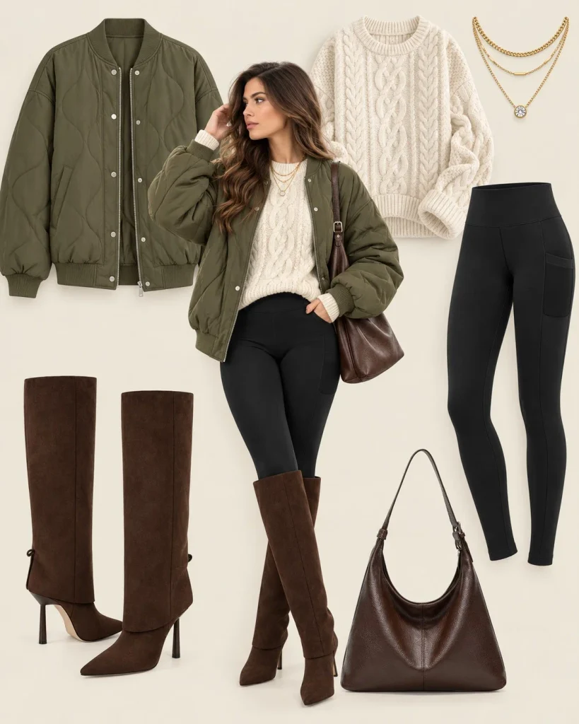 Woman wearing black leggings, an oversized sweater, and brown fold over boots