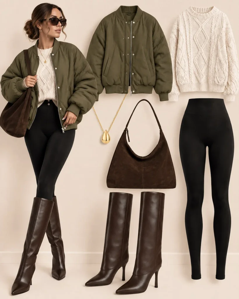 Dark brown knee high boots with black leggings and oversized sweater