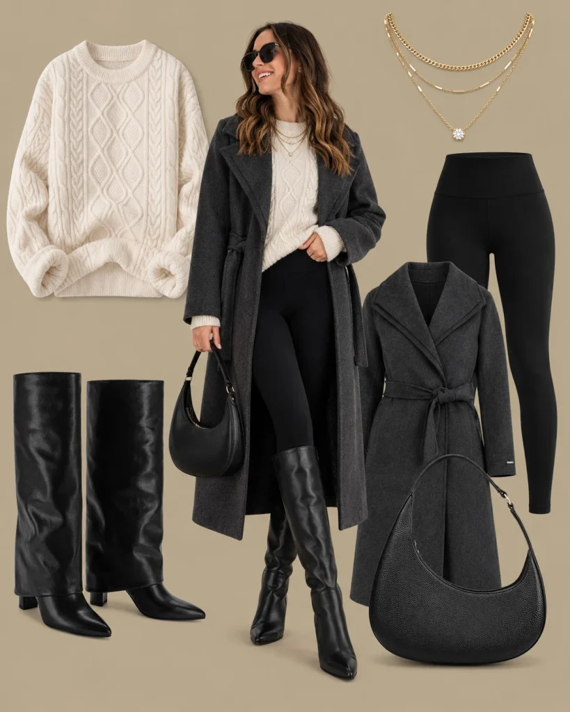 Woman wearing black leggings, an oversized sweater, and black foldover boots