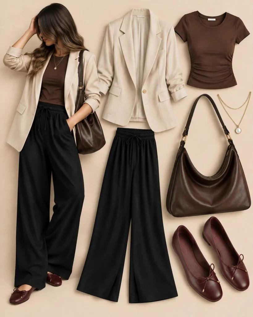 Woman wearing black linen pants with a beige blazer, fitted white tee, and loafers
