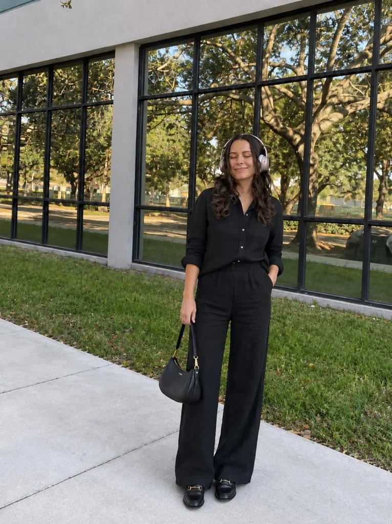 Woman wearing black linen pants with a black button-down shirt, black loafers, and a structured handbag