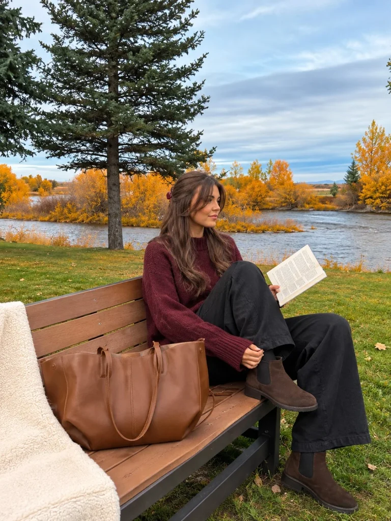 Woman wearing black linen pants with a burgundy sweater, black Chelsea boots, and leather handbag