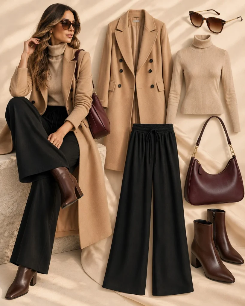 Woman wearing black linen pants with a camel coat, neutral knit top, and pointed ankle boots