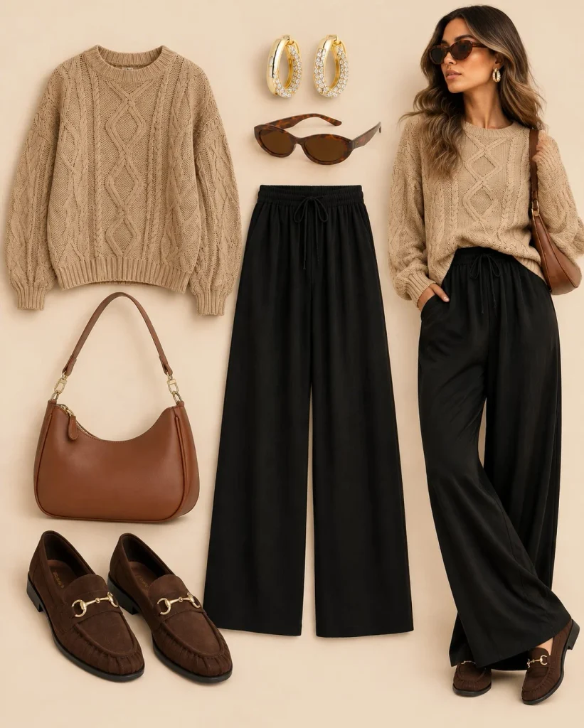 Woman wearing wide-leg black linen pants with a camel knit sweater and brown leather loafers