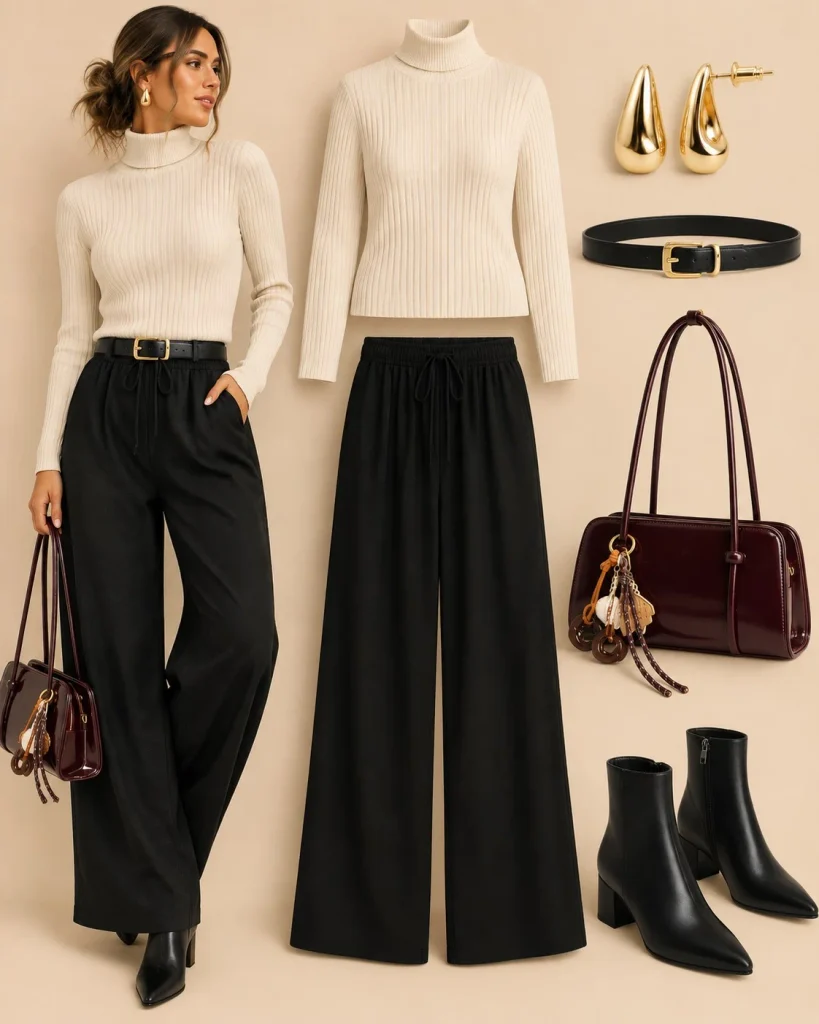Woman styling wide-leg black linen pants with a cream turtleneck and black ankle boots