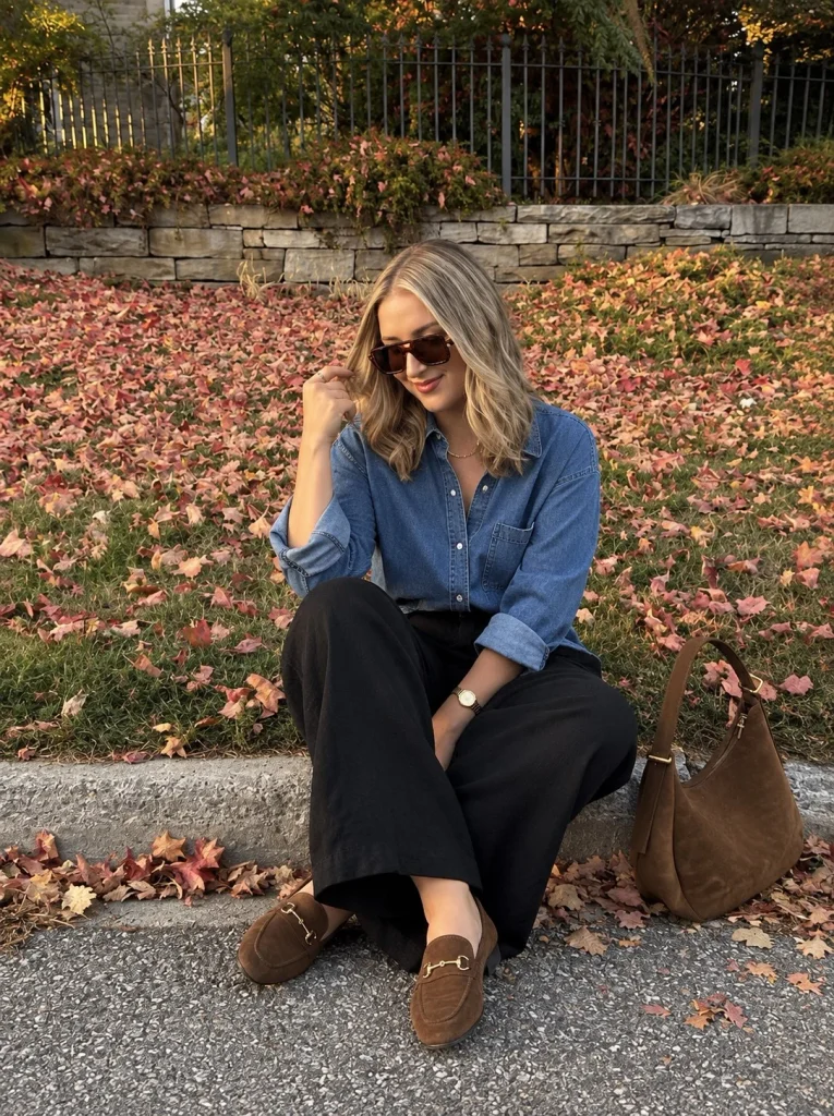 Woman wearing black linen pants with a blue denim shirt and brown suede loafers