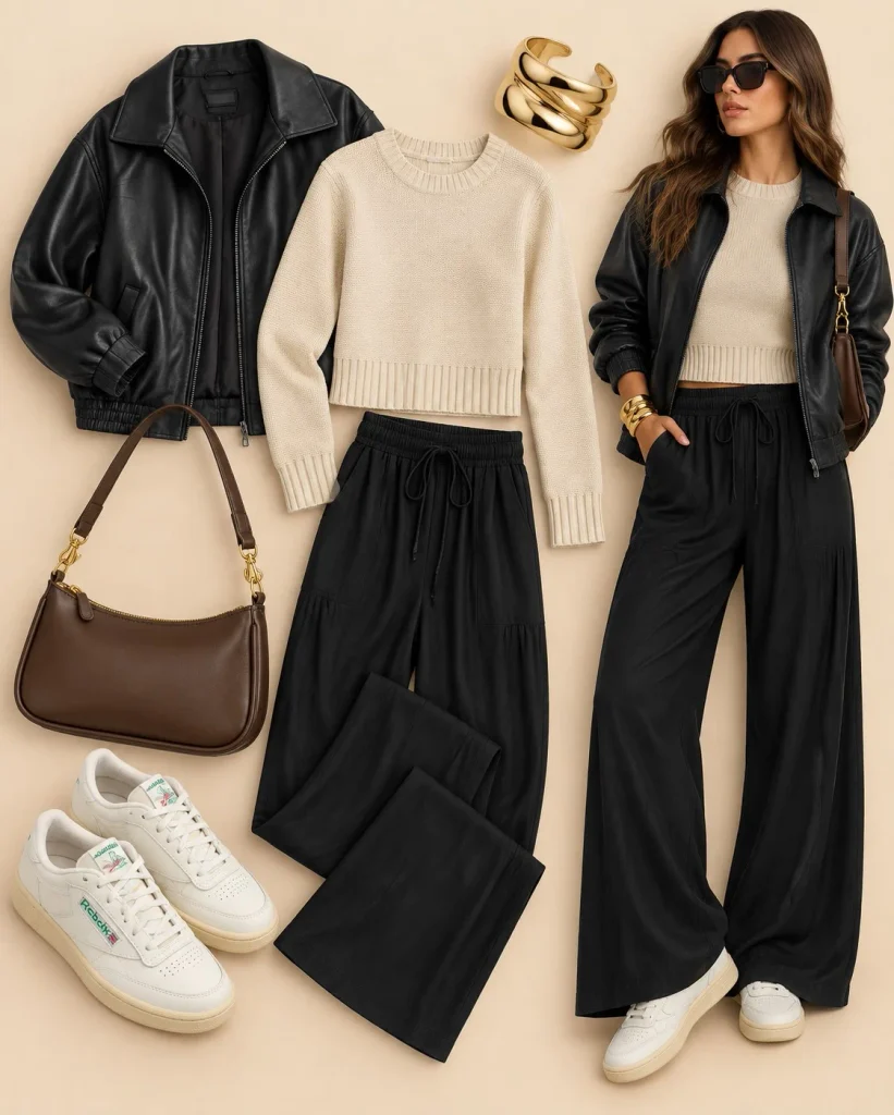 Woman wearing black linen pants with a black leather biker jacket, fitted knit top, and sneakers